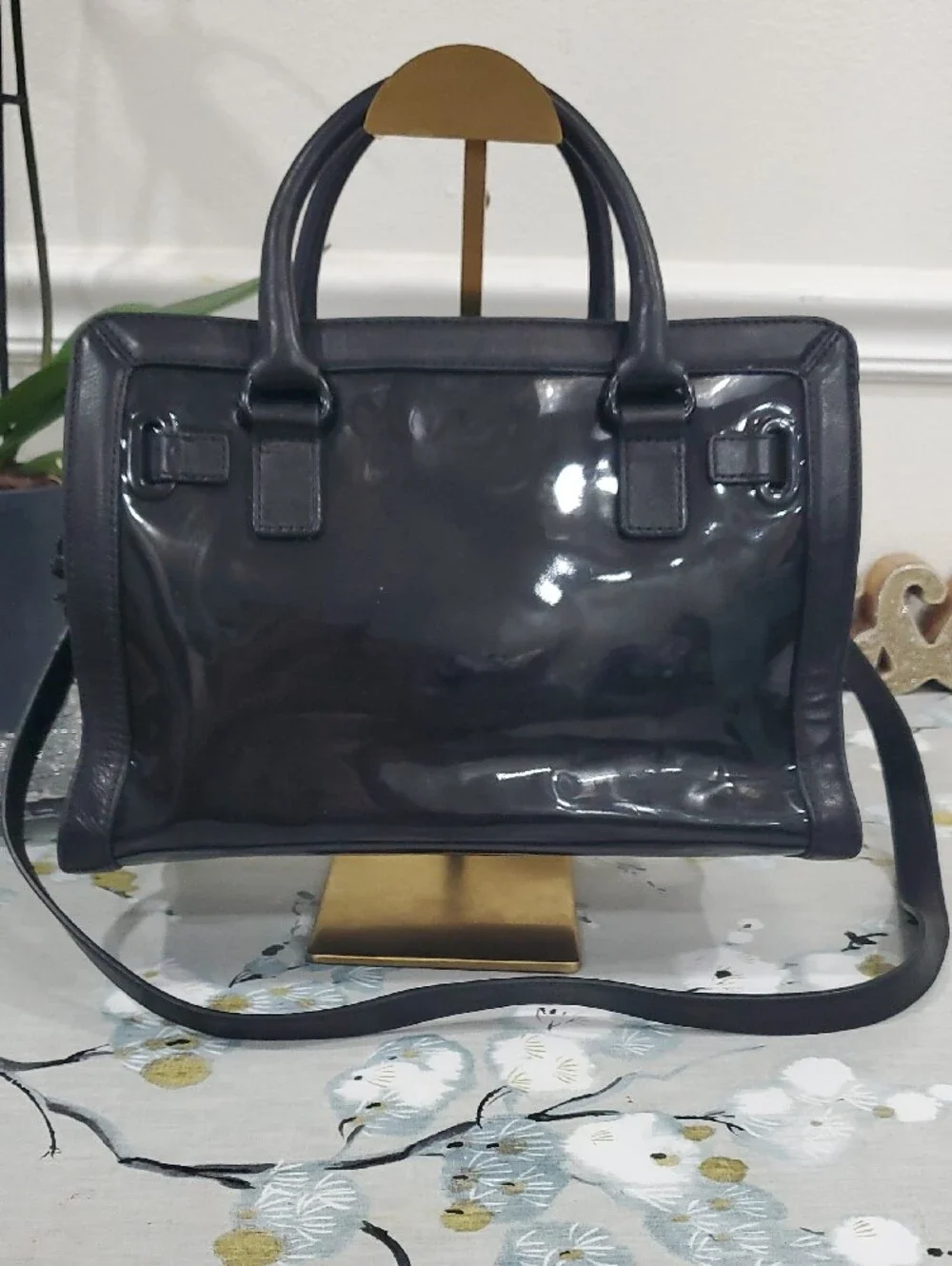Michael Kors Hamilton Frame Out Black Patent Leather Satchel Bag